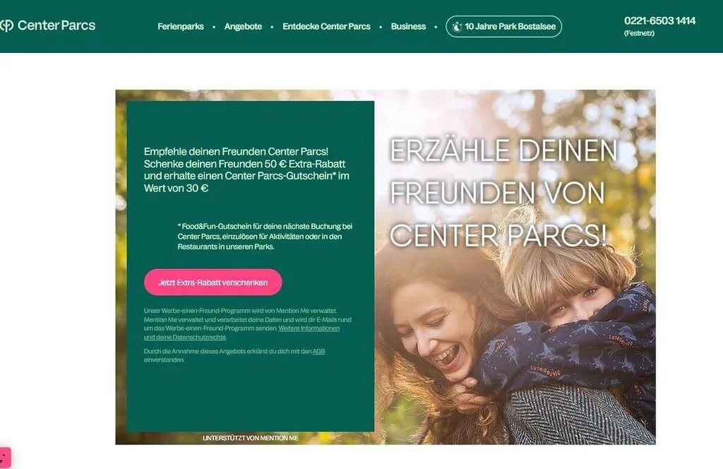 Screenshot der Center Parcs Registrierungsseite für die Freundschaftswerbung