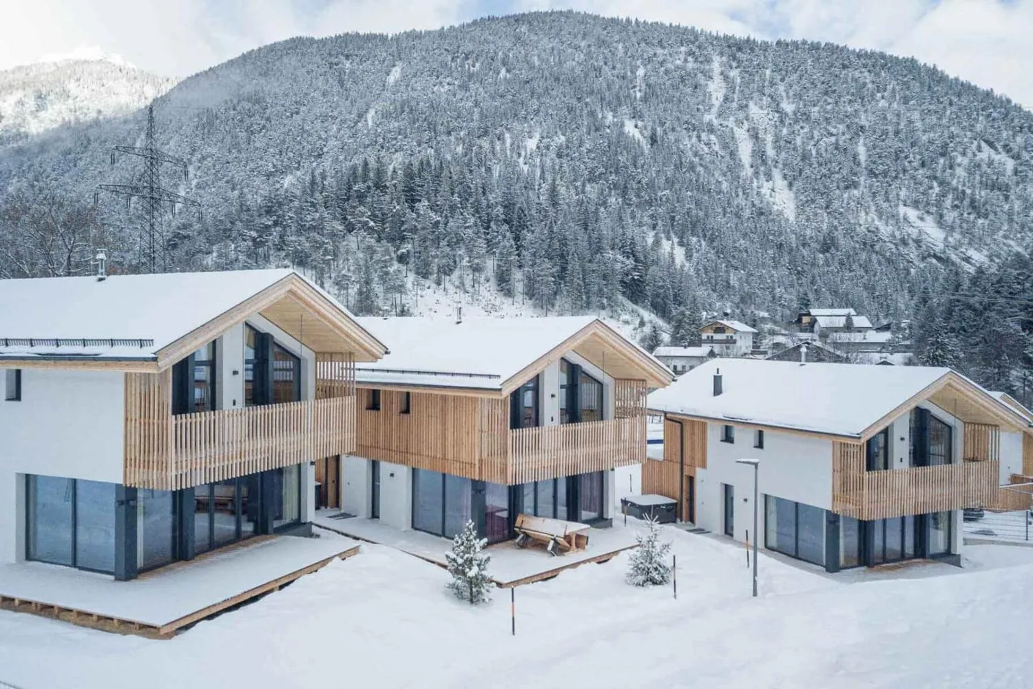 Mehrere moderne Alpenchalets mit Holzfassade im Schnee vor Bergwald