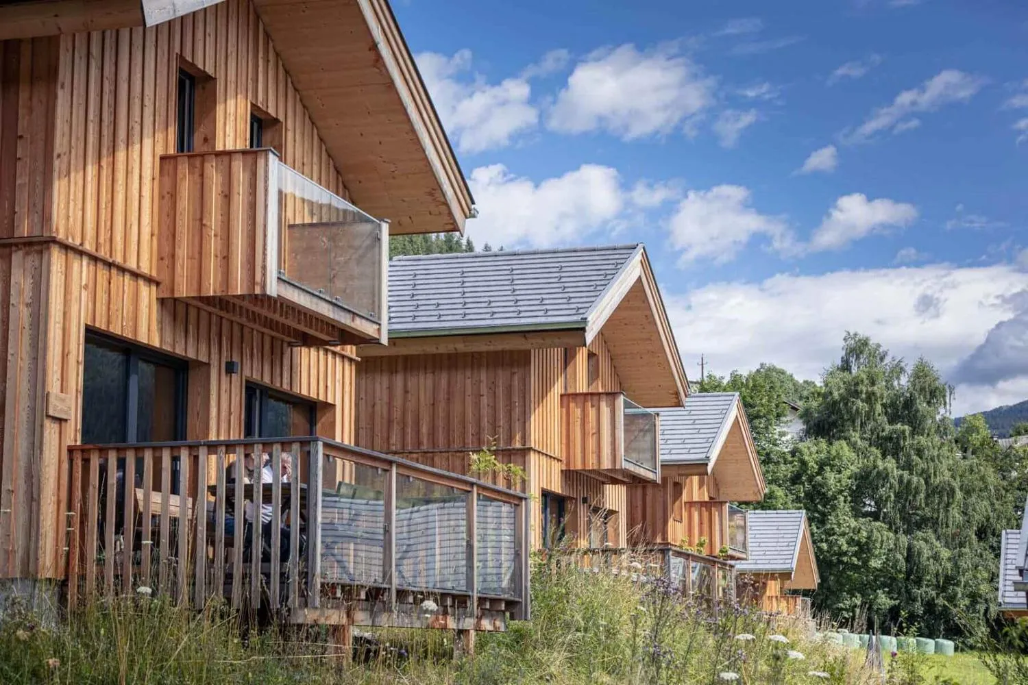 Mehrere braune Holz-Chalets mit Balkonen in Berglandschaft
