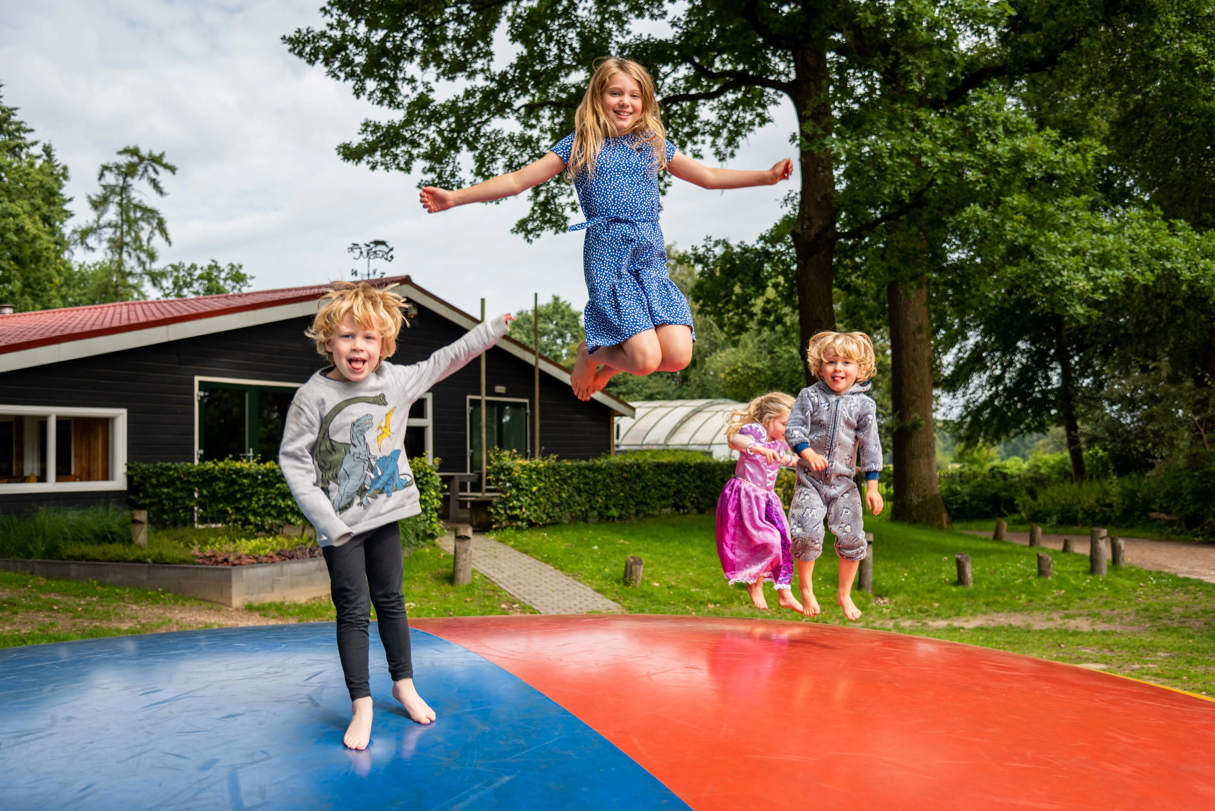 Vier Kinder springen auf einem rot-blauen Luftkissen