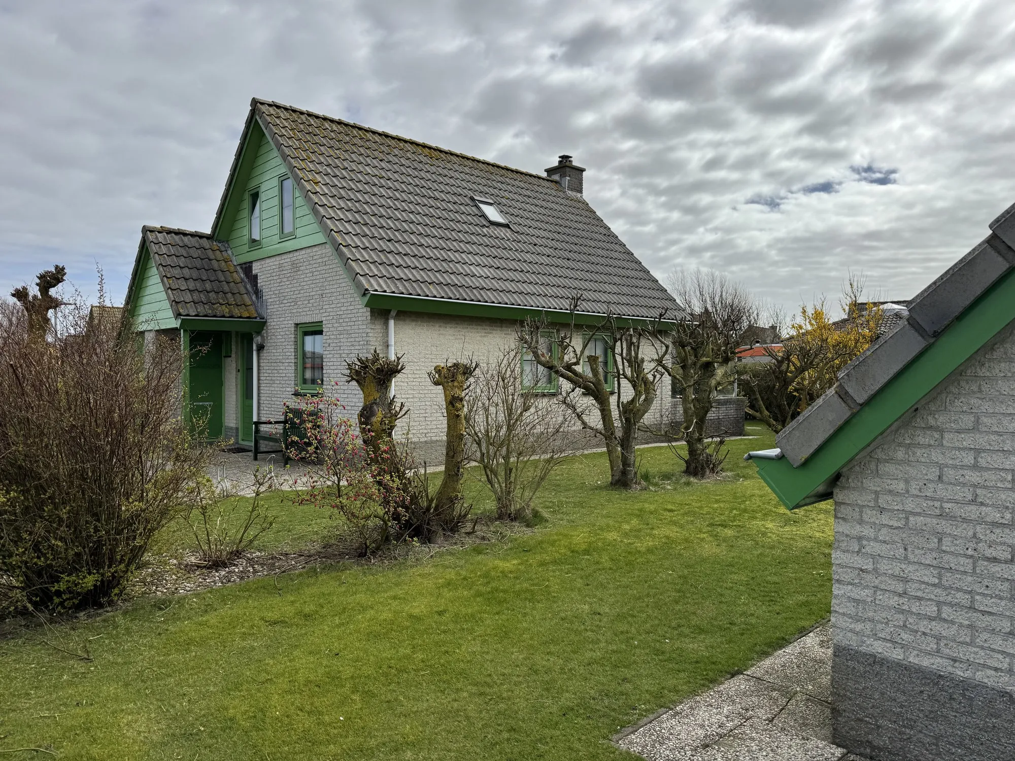 Bungalow mit Rasengarten und Kopfweiden im Bungalowpark Strandslag