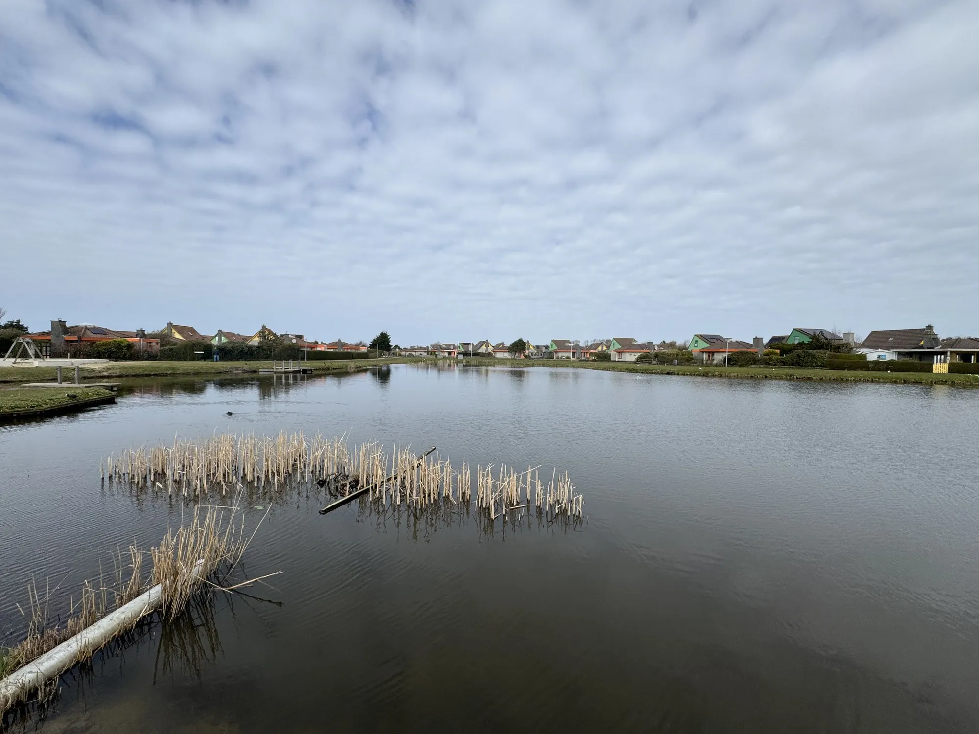 Blick über den Teich in Richtung Spielplatz und Wasserspielgarten