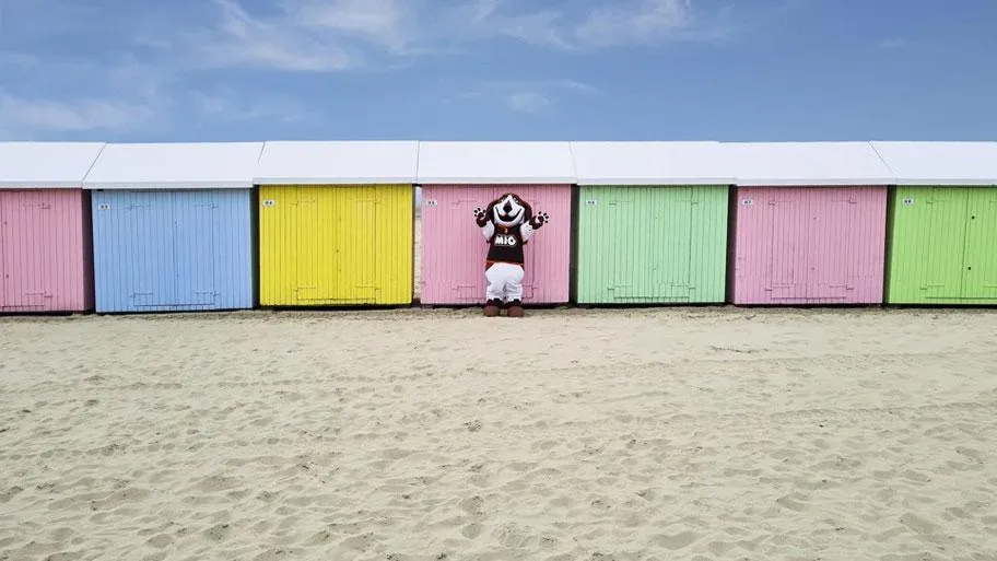 Farbenfrohe Strandkabinen mit rosa, blau, gelb und grünen Türen im Sand
