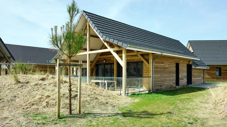 Modernes Holzhaus mit Veranda in Dünenlandschaft mit Strandvegetation