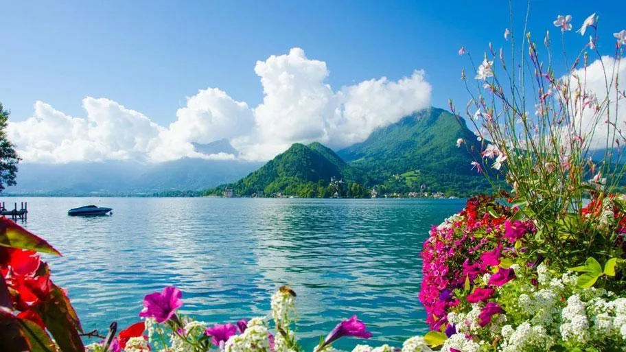 Alpensee mit blühenden Blumen vorne, Bergen und Wolken im Hintergrund