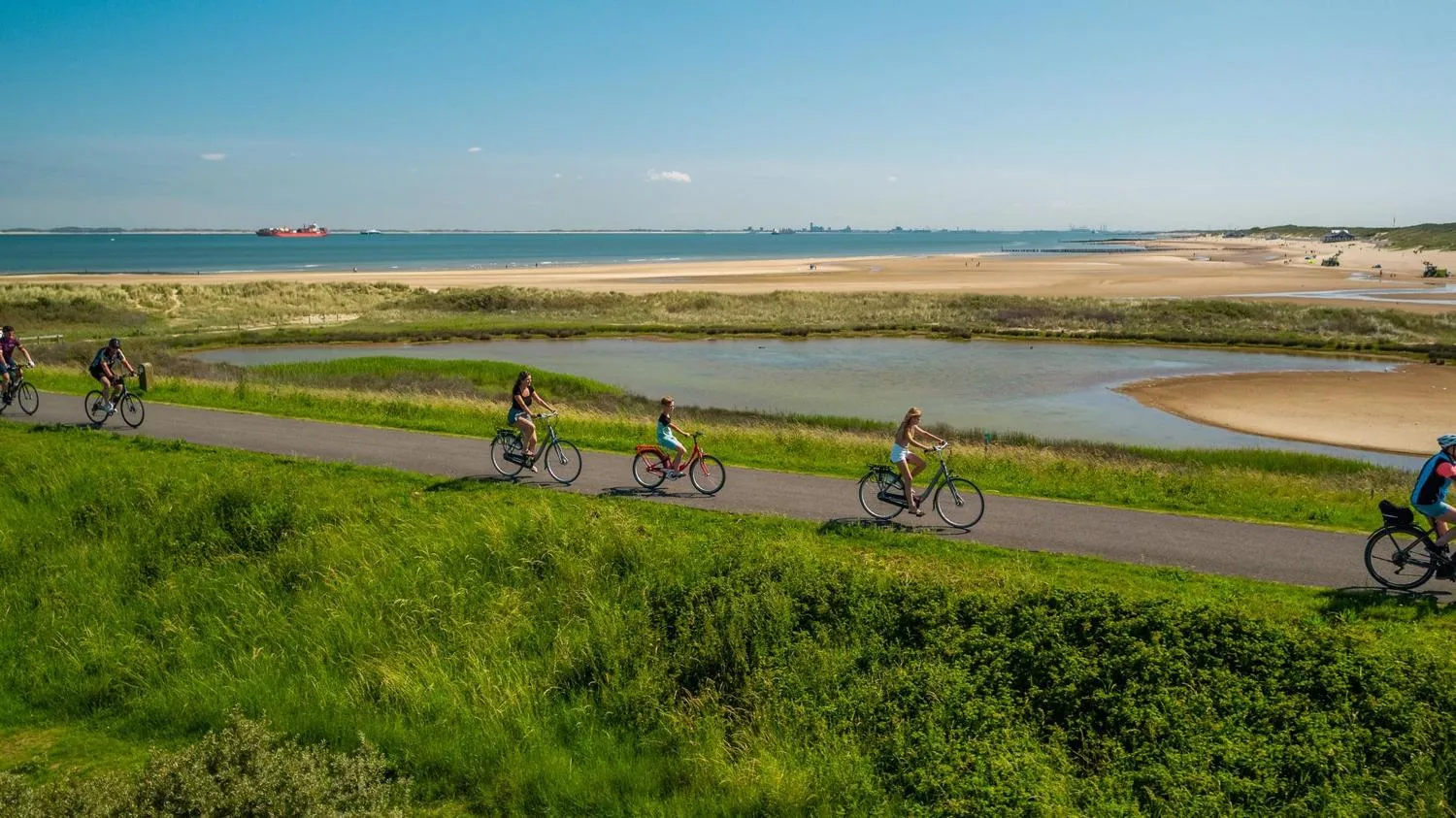 Radfahrer auf Weg neben Wattland und Strand