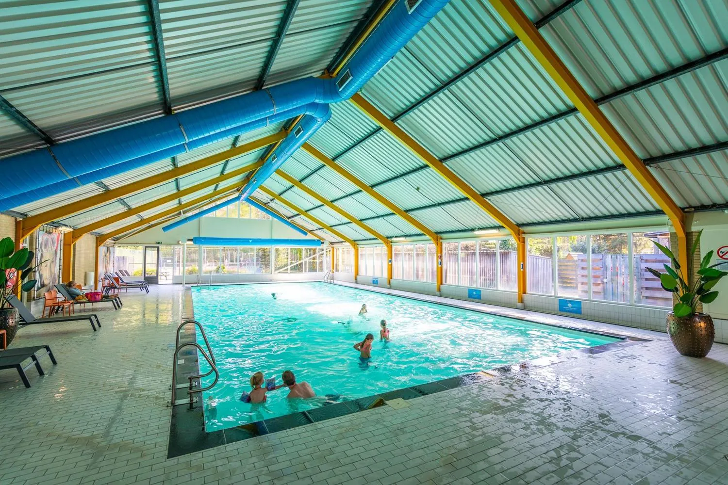 Überdachtes Hallenbad mit modernem Design und mehreren Badegästen