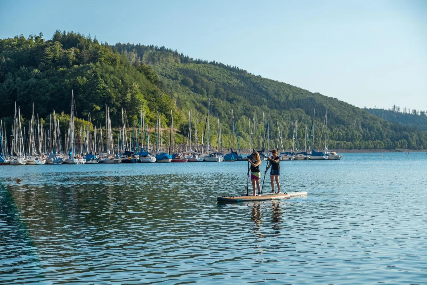 Stand-Up-Paddler und Segelboote auf dem Biggesee