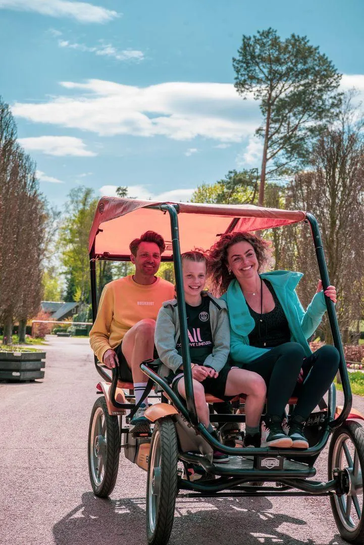 Rotes Fahrrad-Taxi auf gepflastertem Weg mit Waldkulisse