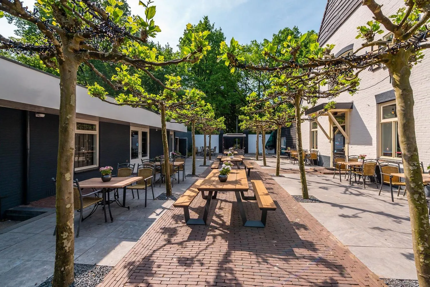 Außenbereich mit Pergola über Picknick-Tischen, moderne Ferienhäuser umgeben