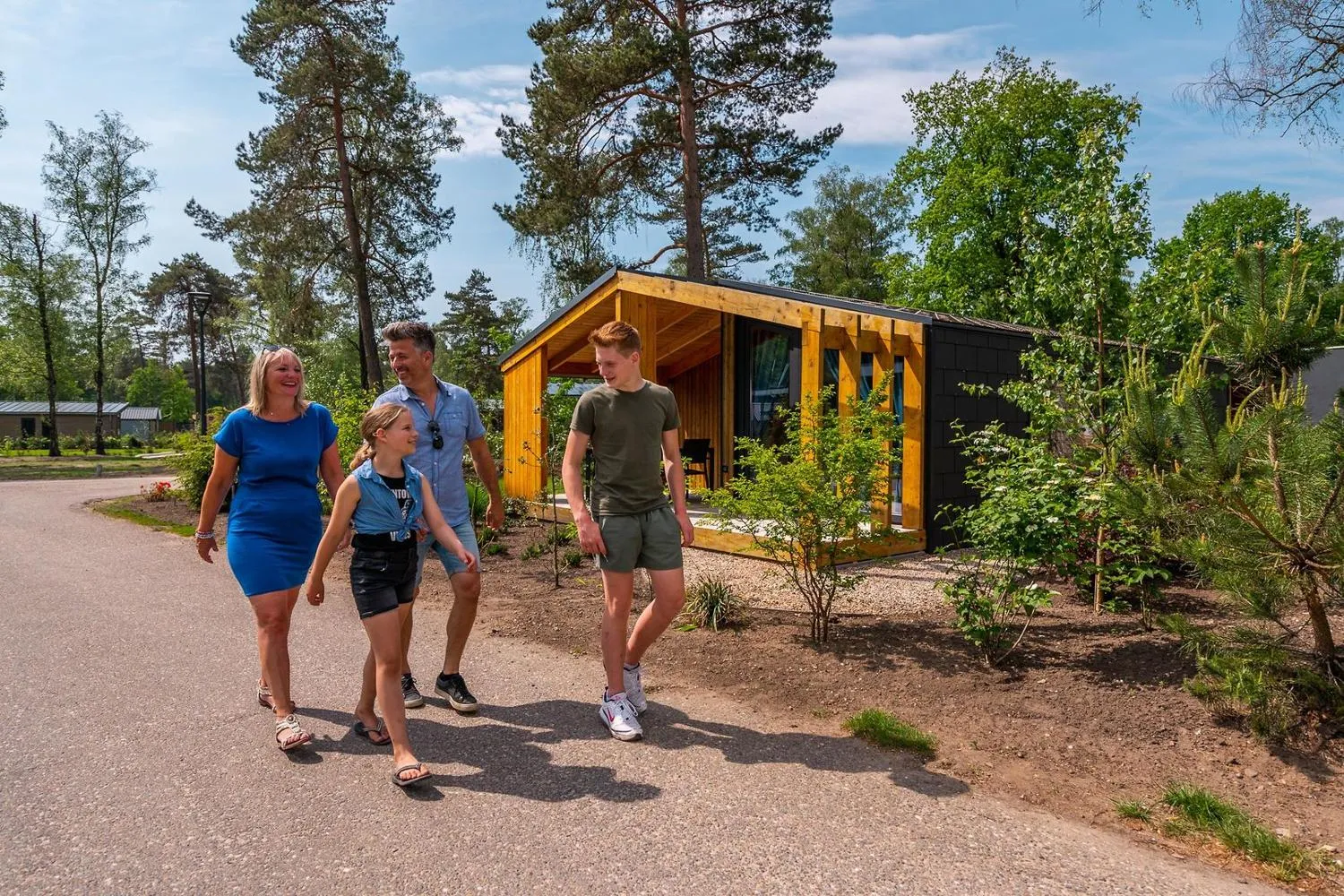Modernes Holzferienhaus im Wald mit großen Fenstern, umgeben von Grün