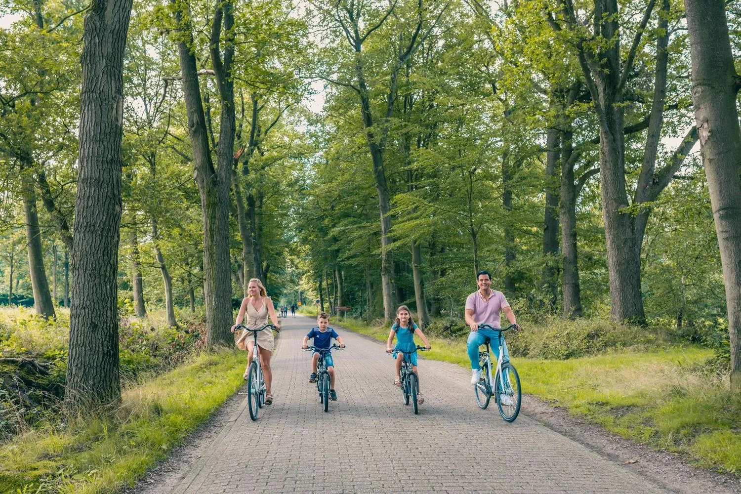 Familie fährt Rad auf befestigtem Weg durch Wald